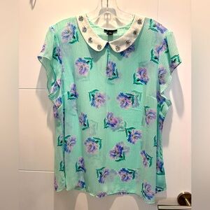 Floral Mint Green Blouse with Embellished Collar
